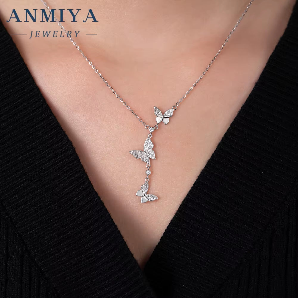 European American Fashion 925 Silver Bridal Necklace Water-Resistant Fine Chains Butterfly Tassel Zircon Pendant Niche Design