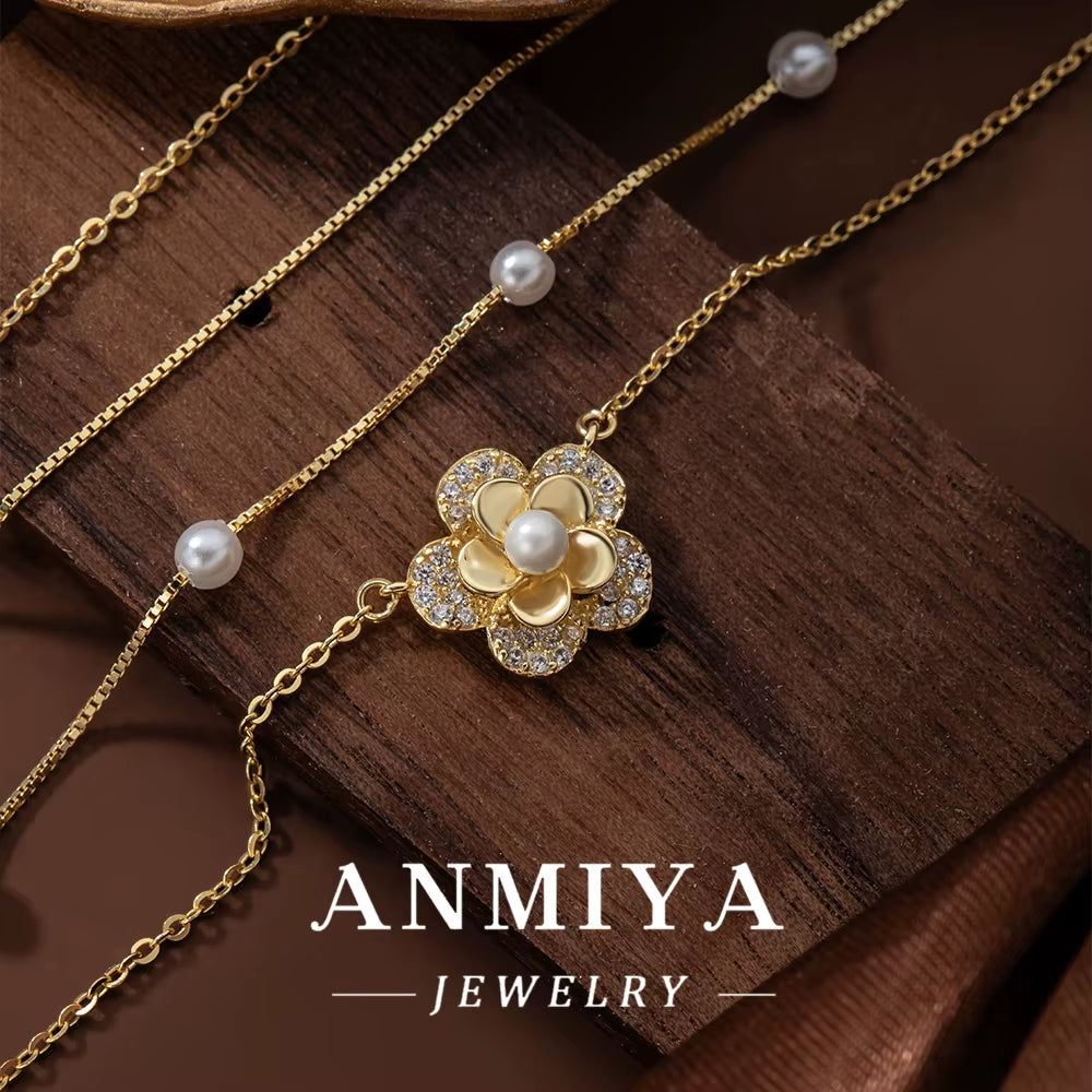 ANMIYA Fashion 18K Gold Plated 925 Sterling Silver Double Layer Flower Pearl Pendant Necklace Women