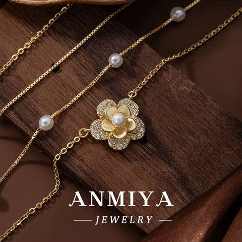 ANMIYA Fashion 18K Gold Plated 925 Sterling Silver Double Layer Flower Pearl Pendant Necklace Women