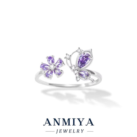 Luxury Wholesale 925 Sterling Silver Butterfly Floral Ring with Pink Purple Zircon for Party Events, Anniversary Gifts