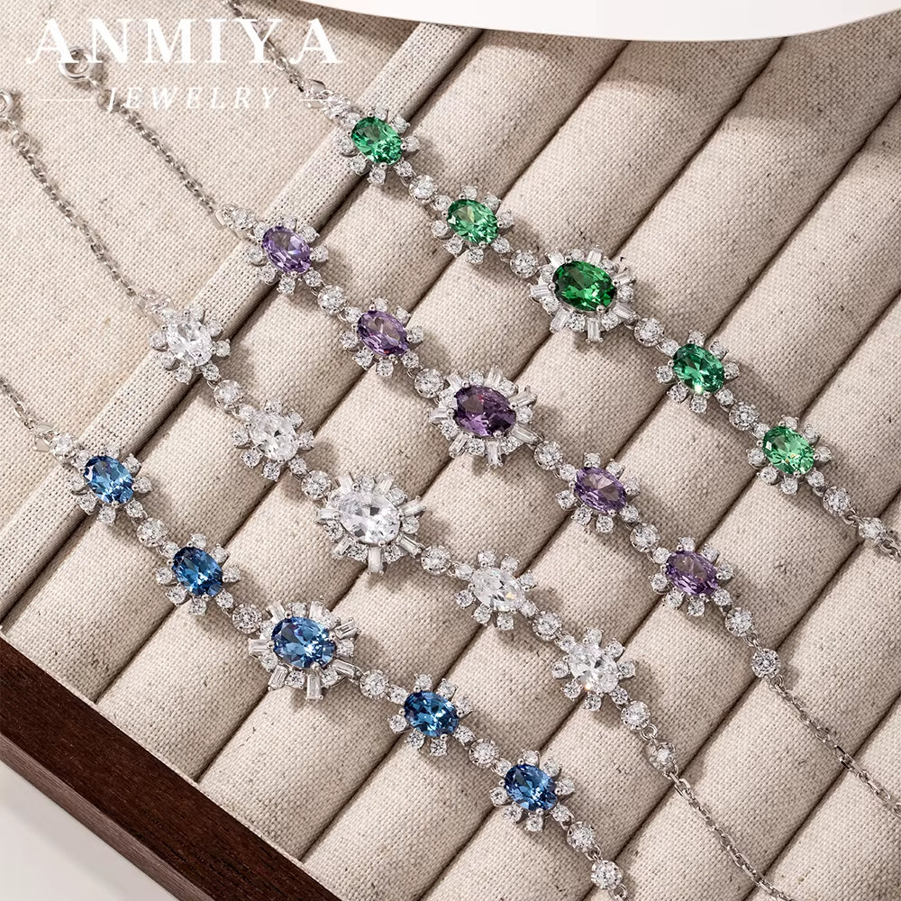 ANMIYA Women Gift 925 Sterling Silver Classic Purple Green Blue White Zircon Bracelet Bangles