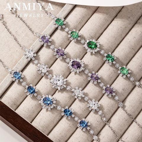ANMIYA Women Gift 925 Sterling Silver Classic Purple Green Blue White Zircon Bracelet Bangles