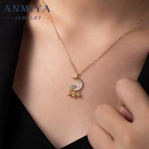 ANMIYA Light Luxury Clavicle Chain Party Jewelry for Women Star Moon Zircon Tassel Chain Necklace