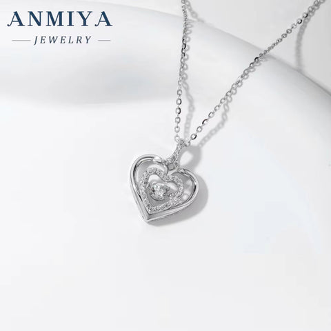 ANMIYA Luxury Dainty Italian Heart Pendant Charm Necklaces 925 Sterling Silver with Zircon Gold Trendy for Women