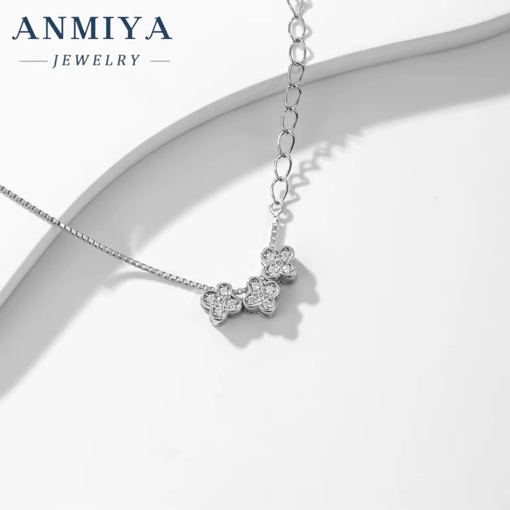 ANMIYA 925 Sterling Silver Exquisite Necklace Women Elegant Wedding Accessory Hollow Flower Four Leaf Clover Cute Style Zircon