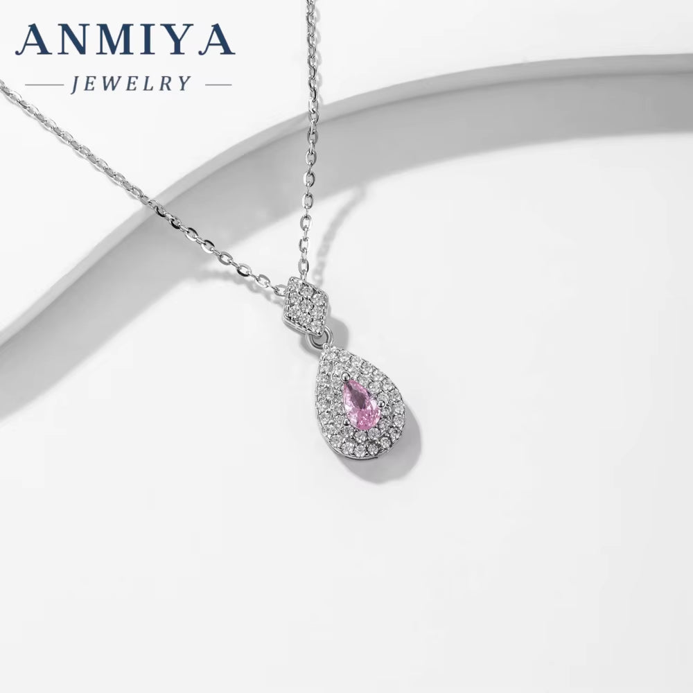 ANMIYA Factory Wholesale Jewelry Luxury Ice Pear Cut Pendant 925 Sterling Silver Ice Pink Necklace