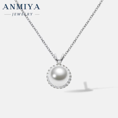 ANMIYA Elegant Fancy Classical 925 Sterling Silver Zircon Single round Pearl Pendant Necklace for Women Girls Jewelry