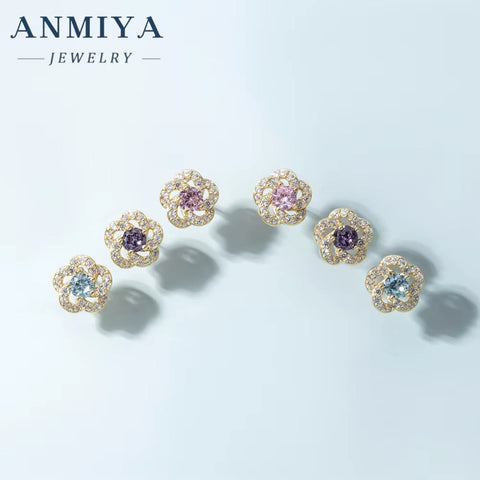 ANMIYA 2024 Flower-Shaped Stud Earrings Fashionable 925 Silver Fine Jewelry Earrings Three Zircon Flower Earring
