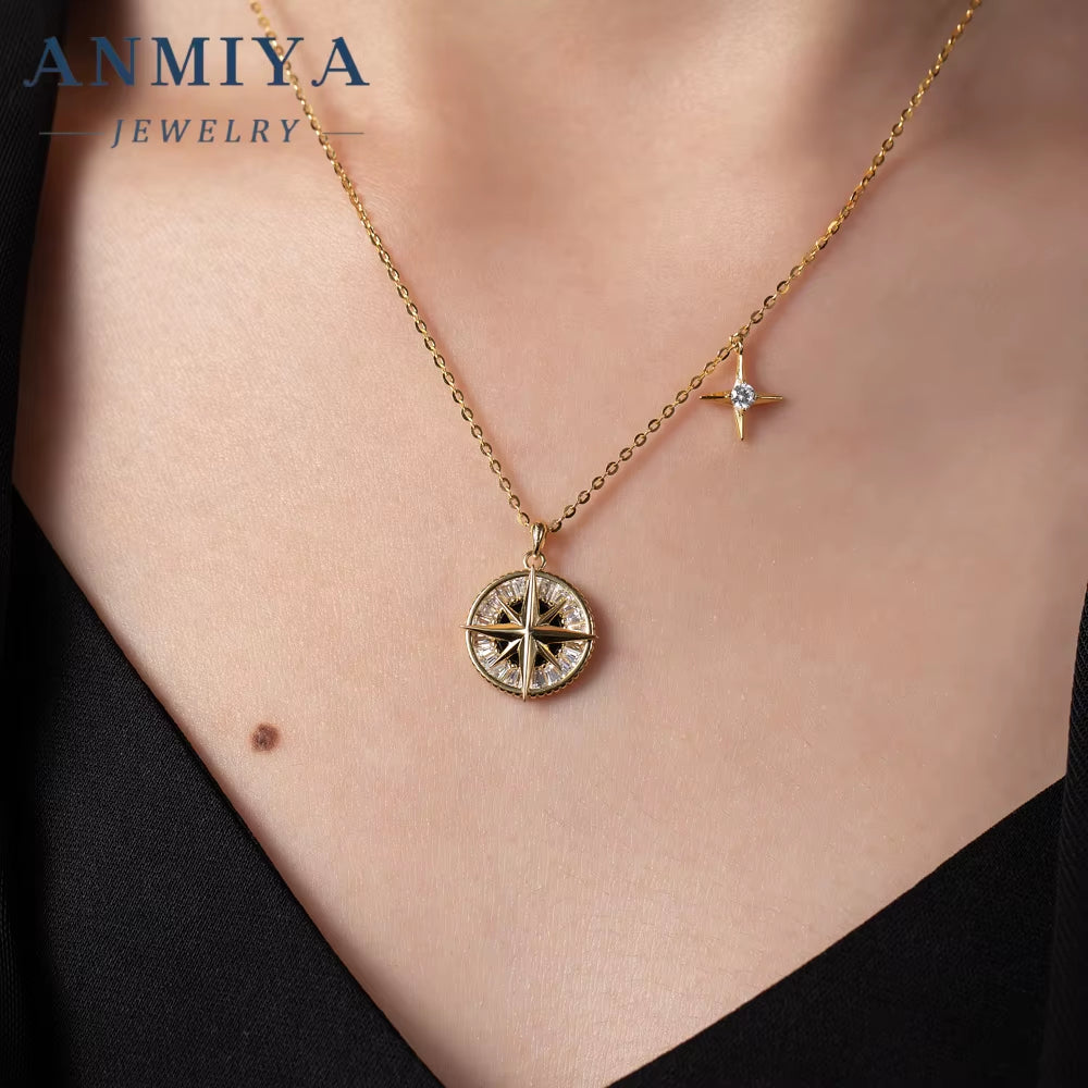 ANMIYA 925 Sterling Silver Compass Pendant Necklace Ladies Unique 14K Gold Plated Cubic Zirconia CZ Star Shape Necklace