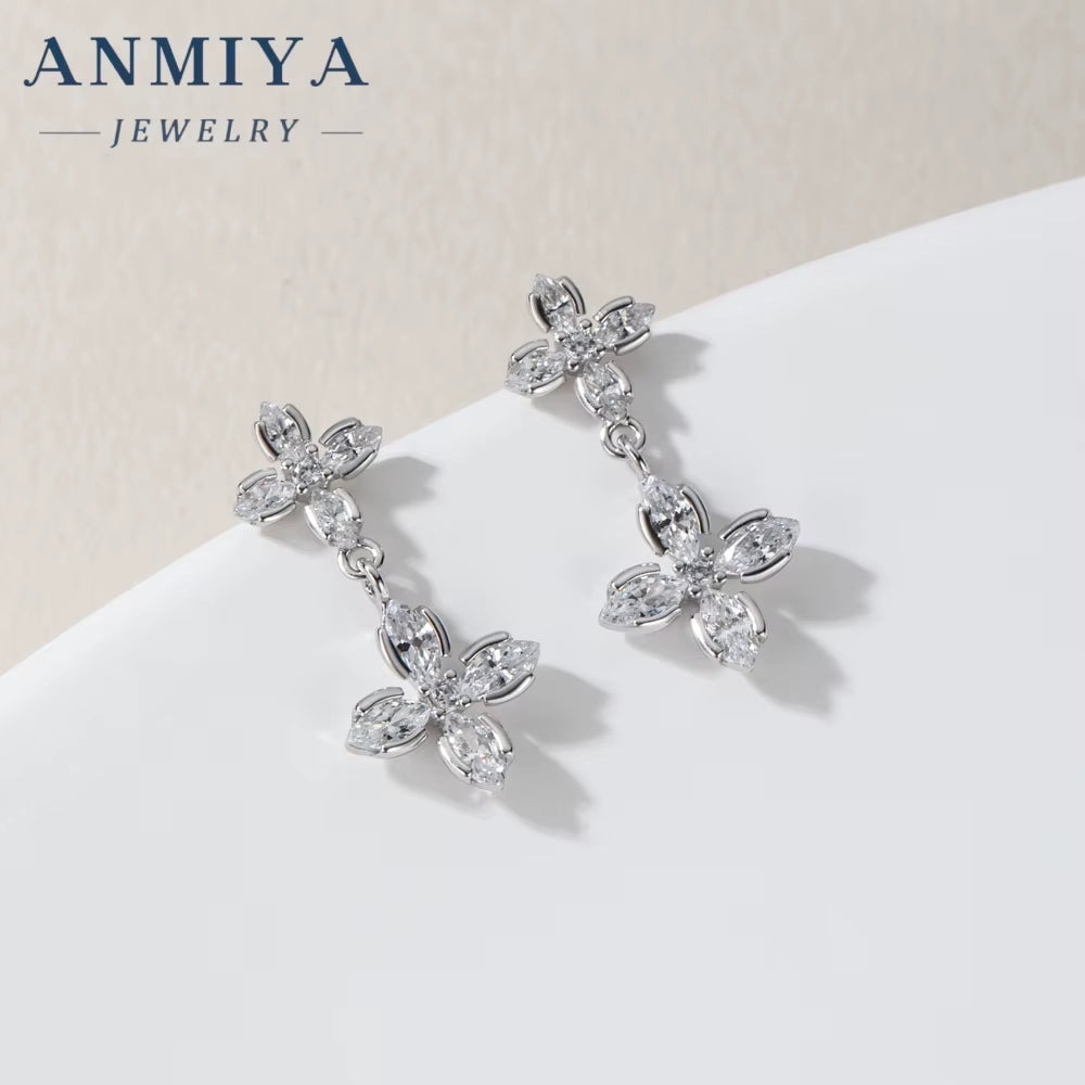 Hot Sale 925 Sterling Silver Four-Leaf Clover Flower Zircon Stud Earrings for Women Zircon Drop Earrings Jewelry