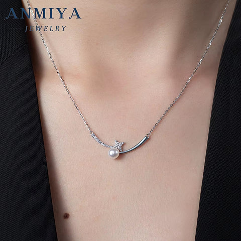 ANMIYA Statement 925 Silver Star with Fresh Water Pearls Luxury Female Necklaces for Girlfriend