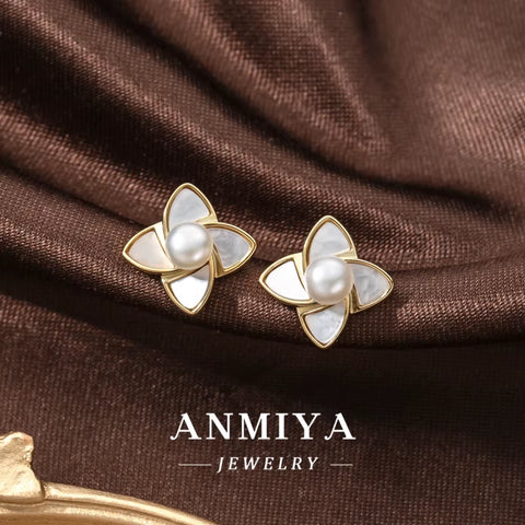 ANMIYA Accessory Jewelry Sterling 925 Inoxidable Flower Shape Freshwater Pearl Fashionable Necklace and Earrings Set