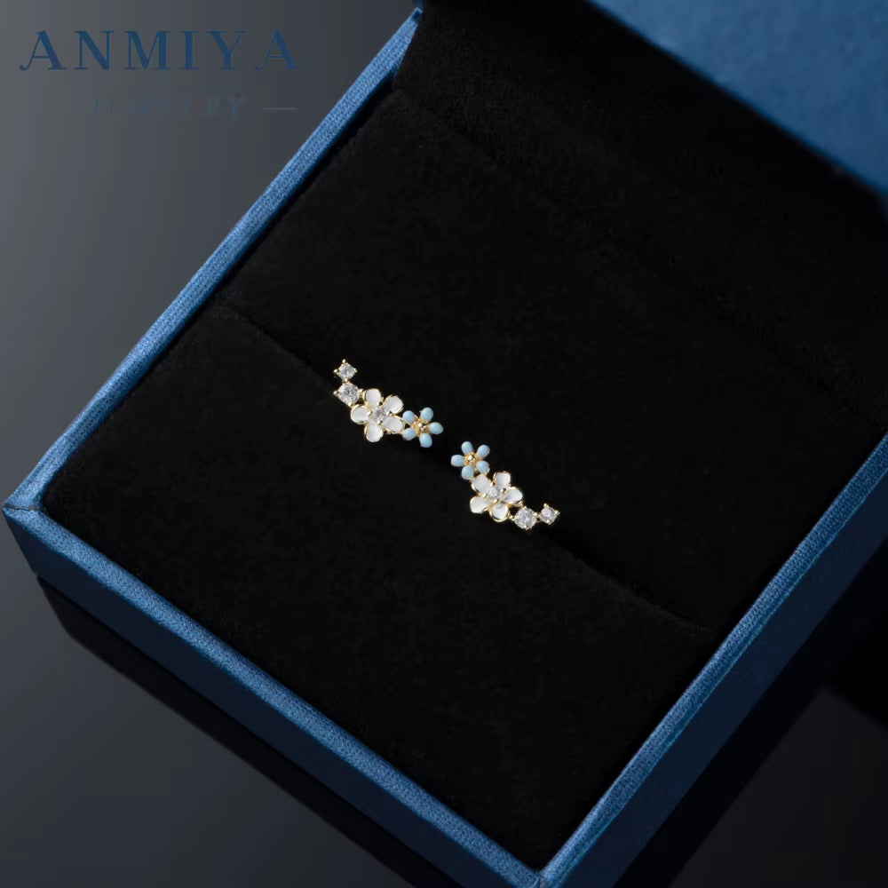 INS Summer Fancy Blue Flower Zircon 925 Sterling Silver Stud Earrings for Women Girls
