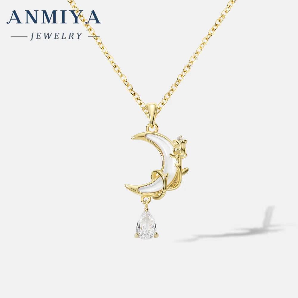 Fashion Zircon Diamond Moon Pendant Necklace Star and Moon Necklace Crescent 925 Sterling Silver Moon Necklace