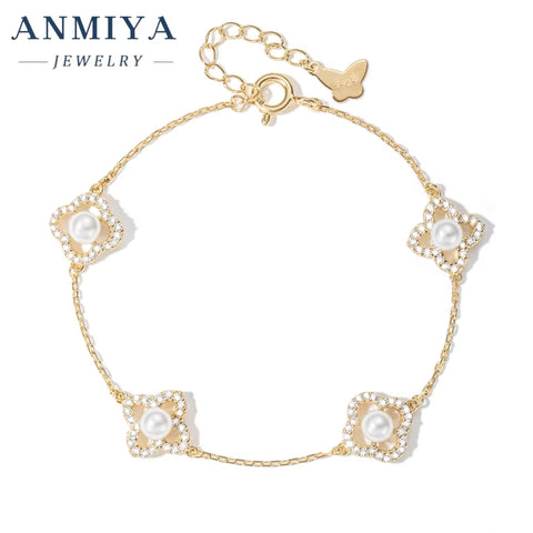 Gift Box Included Luxury Silver Jewelry Trio - Pear-Inlaid Clover Bracelet with Floral Cutouts Accents for Wedding