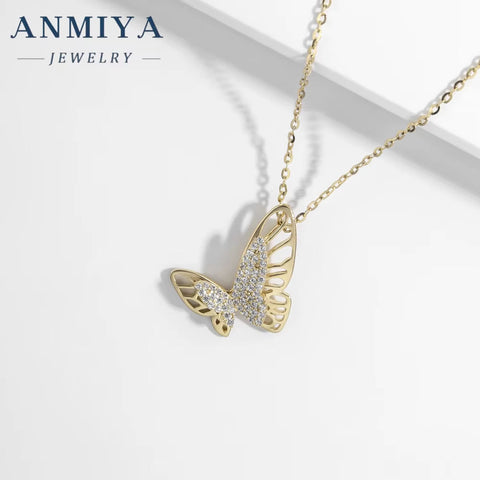 ANMIYA Jewelry 18K Gold Plated Hollow CZ Butterfly Pendant 925 Silver Necklace Fashion Jewelry for Women