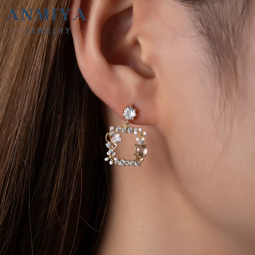 ANMIYA Fashion Earings Pink Flower Korean Butterfly Colour Fashion Sweet Flower 925 Silver Stud Earring for Women Jewelry Women
