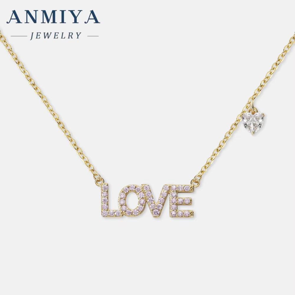 ANMIYA New Arrivals Rhinestone Necklace 925 Sterling Silver Necklace Love Letter Heart Pendant Necklace for Women