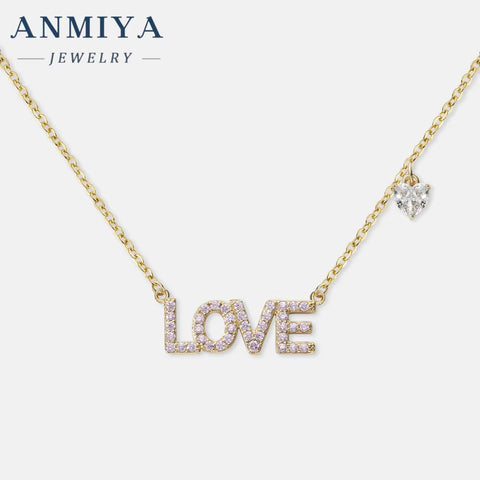 ANMIYA New Arrivals Rhinestone Necklace 925 Sterling Silver Necklace Love Letter Heart Pendant Necklace for Women