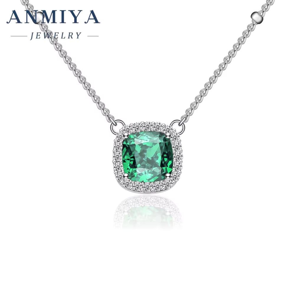 ANMIYA 925 Sterling Silver Cubic Zirconia Cushion Cut Fancy Green Diamond Pendant Necklace