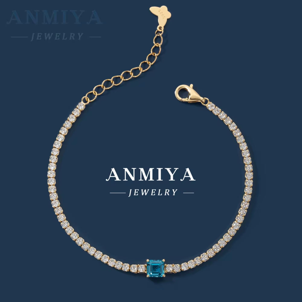 ANMIYA Jewelry 18K Gold Plated Chain Bracelet 925 Sterling Silver Blue Square Cubic Zircon Bracelet