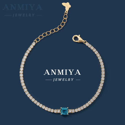 ANMIYA Jewelry 18K Gold Plated Chain Bracelet 925 Sterling Silver Blue Square Cubic Zircon Bracelet