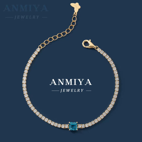 ANMIYA Jewelry 18K Gold Plated Chain Bracelet 925 Sterling Silver Blue Square Cubic Zircon Bracelet