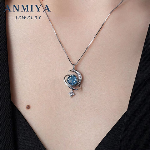 Fashion Women'S Jewelry Blue Ice Cut Sapphire Zc Pendant 925 Sterling Silver Star and Moon Necklace