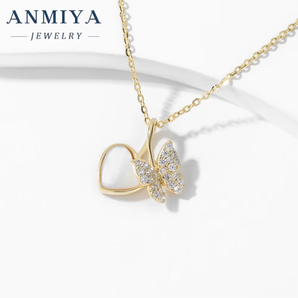 ANMIYA Custom 925 Sterling Silver 18K Gold Shiny High Quality Necklace Butterfly Heart Shape Trendy Zircon Necklace for Women