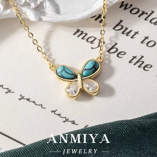 ANMIYA Women'S 925 Sterling Silver Butterfly Necklace with Turquoise Stone and Zirconia Link Chain Valentine'S Day Gift