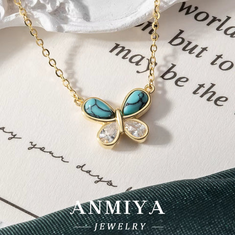 ANMIYA Women'S 925 Sterling Silver Butterfly Necklace with Turquoise Stone and Zirconia Link Chain Valentine'S Day Gift