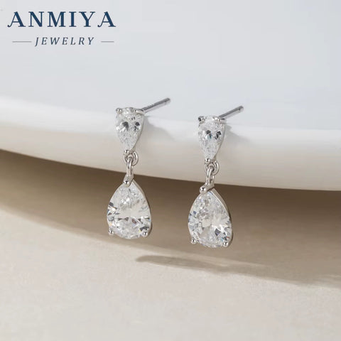 Shiny White Cubic Zirconia Water Drop Earrings 925 Sterling Silver Jewelry Rhodium Plating Brides Evening Party Perfect Gift