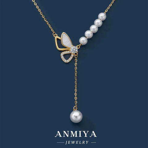 ANMIYA Butterfly Pearl 18K Gold Plated Fine Jewelry Fashion 925 Sterling Silver Charm Accessories Vintage Women'S Necklace