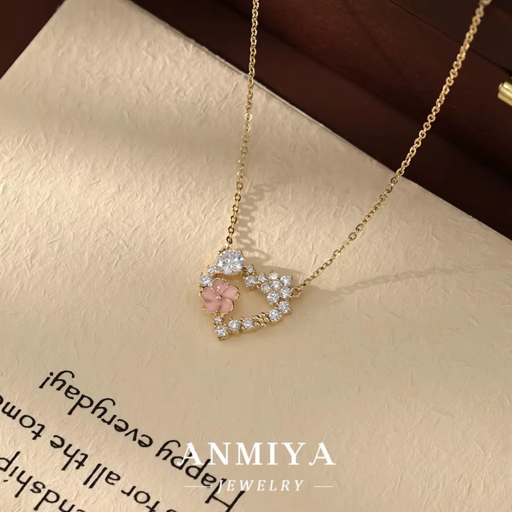 ANMIYA Fine Jewelry 925 Sterling Silver Gold Plated Pink Zircon Heart Necklace for Lover