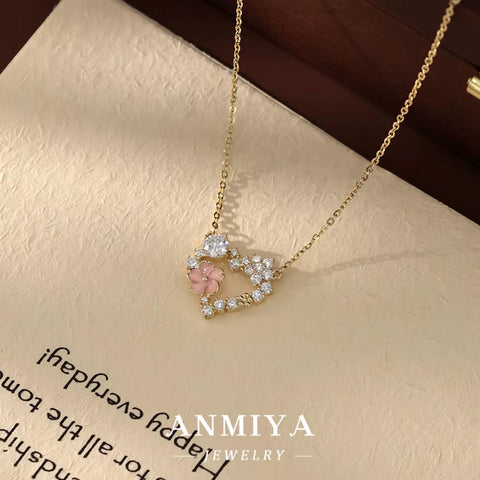 ANMIYA Fine Jewelry 925 Sterling Silver Gold Plated Pink Zircon Heart Necklace for Lover