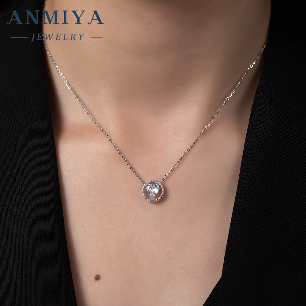 925 Sterling Silver Elegant Zircon Heart Circle Pendant Necklace Stud Earrings Necklaces Fashion Jewelry Women Sets for Girls