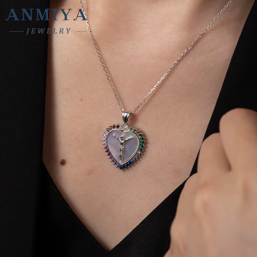 ANMIYA Women'S 925 Sterling Silver Jesus Heart-Shape Zircon Necklace New Design Fashion Jewelry for Wedding Party Engagement