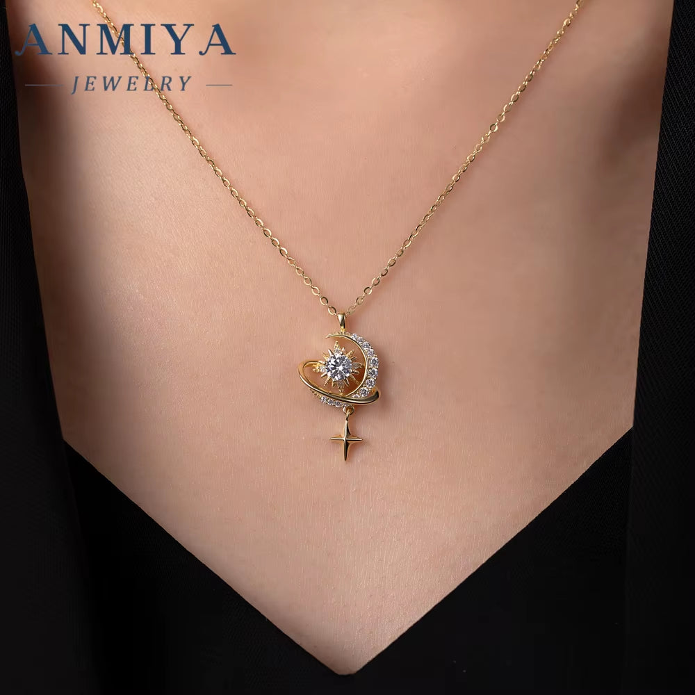 Fashion 925 Silver 18K Gold Plated Starry Sky Moon Star Zircon Pendant Necklace for Women Jewelry