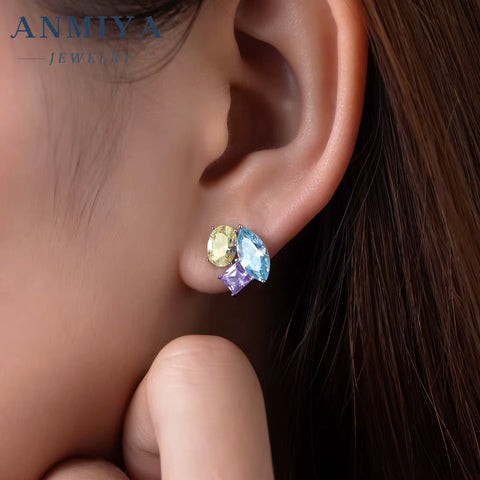 Colored Geometric Zircon round Ice Flower Cut Blue Stone 925 Silver Necklace and Earrings Stud Jewelry Set