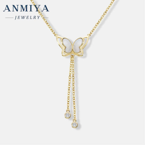 ANMIYA Butterfly Long Tassels White Shell Famale Necklace 18K Gold Plated 925 Silver Adjustalbe Necklace for Women