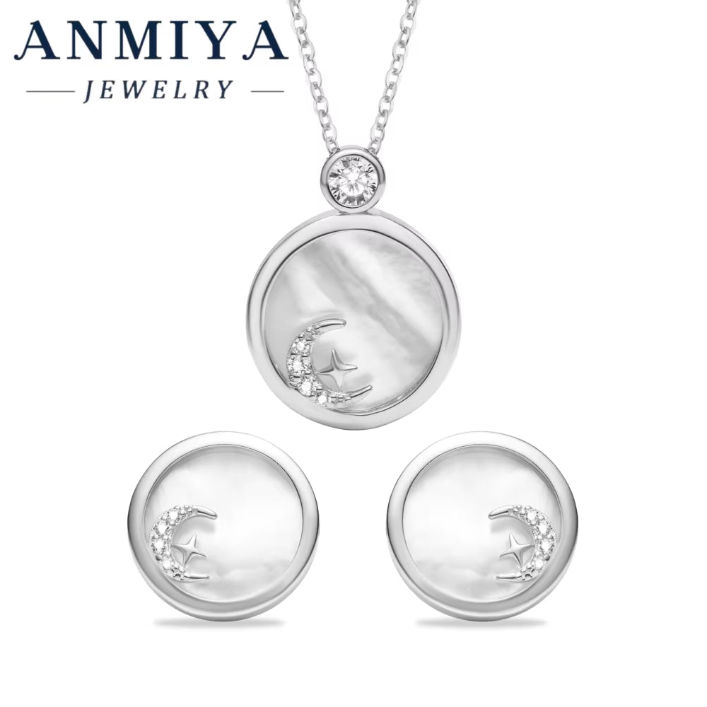 Classic Silver 925 Jewelry Set with White Shell Accents Circle Design and Star Moon Motif for Daily Accessories