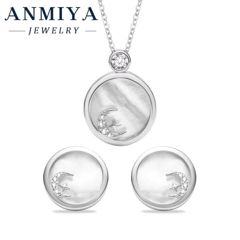 Classic Silver 925 Jewelry Set with White Shell Accents Circle Design and Star Moon Motif for Daily Accessories
