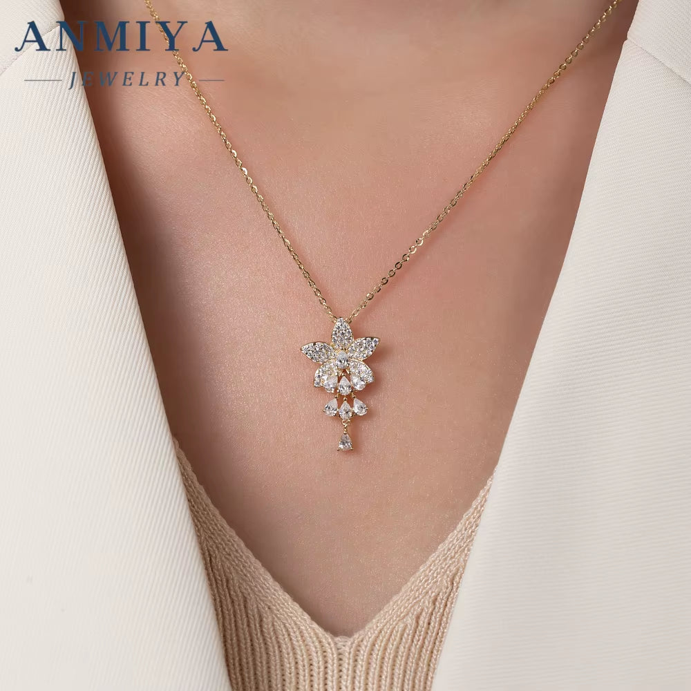 ANMIYA 18K Gold Plated 925 Sterling Silver Flower Pendant 5A Zircon Inoxidable Necklace
