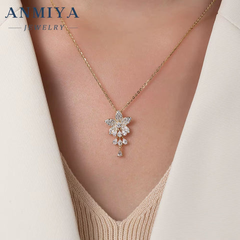 ANMIYA 18K Gold Plated 925 Sterling Silver Flower Pendant 5A Zircon Inoxidable Necklace