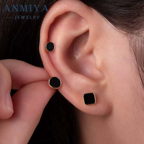ANMIYA New Tide High Quality Square Shape Black round Silver 925 Gold Stud Earrings Set 3 Pair