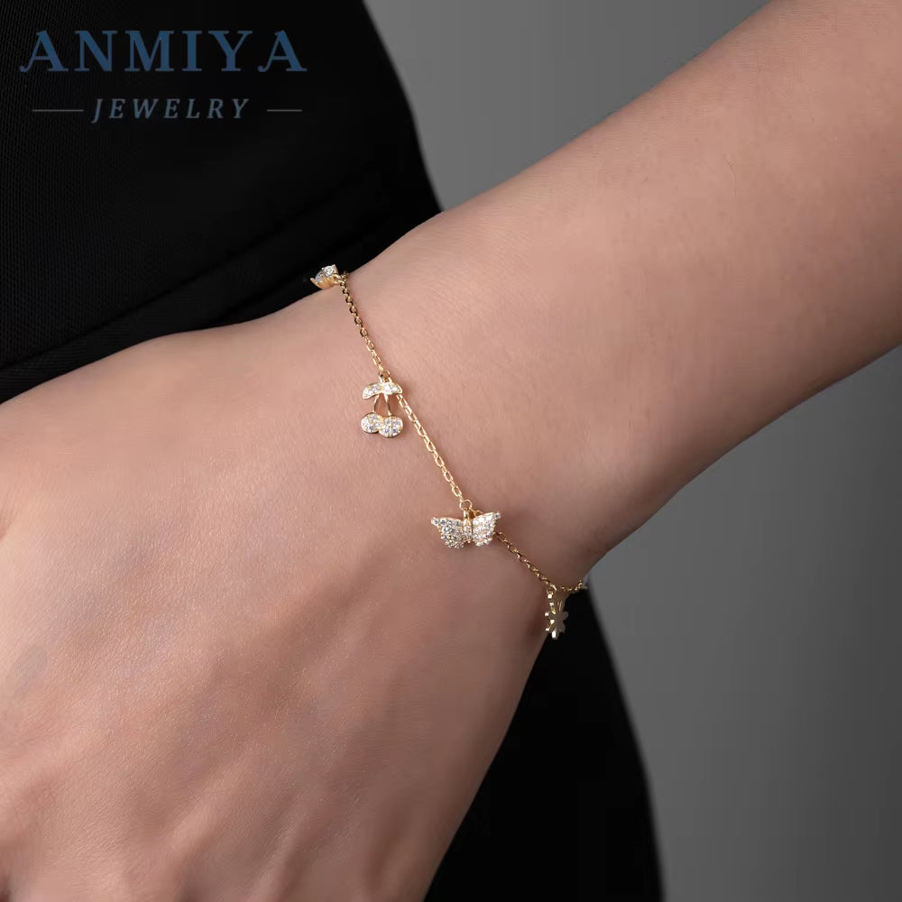 ANMIYA Custom Wholesale Fine 925 Sterling Silver Zircon Bracelets Butterfly Cherry Bracelets for Kids