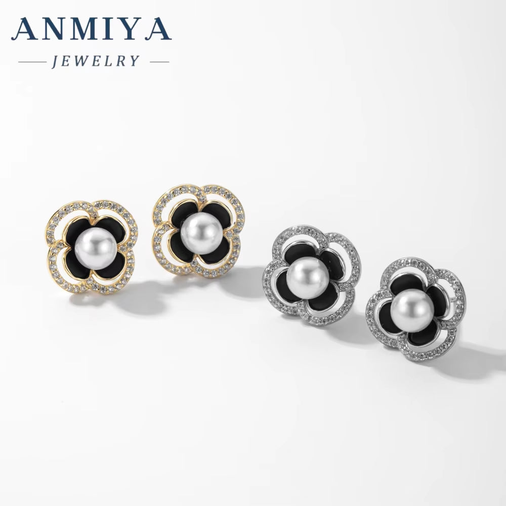 ANMIAY 18K Gold 4 Leaf Clover Flower Stud Classic Earrings Real Leaf Earrings Clover Stud 18K Gold 925 Silver Leaf Stud Earrings