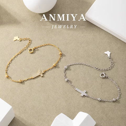 ANMIYA S925 Silver Link Chain Bracelet 18K Gold Silver Cross Christianity Gothic Bracelet
