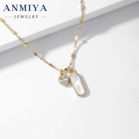 ANMIYA Rectangle White Shell Heart Pink Zircon 925 Silver Valentine'S Day Gift Charm Necklace for Women
