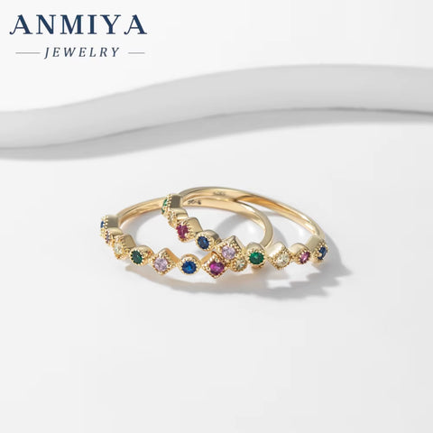 ANMIYA 925 Silver 18K Gold Plated Jewelry Micro Pave Cz Rainbow Zircon Wholesale Rings